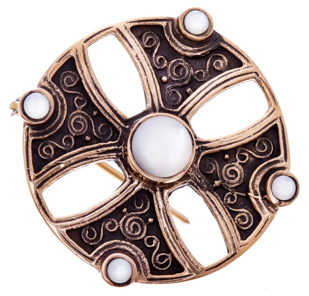 [Fb15-2] Schmuck Fibel Asur – Kreuzfibel mit Perlmutt 4 cm – Bronze – Wikinger Gewandfibel für historische Kleidung