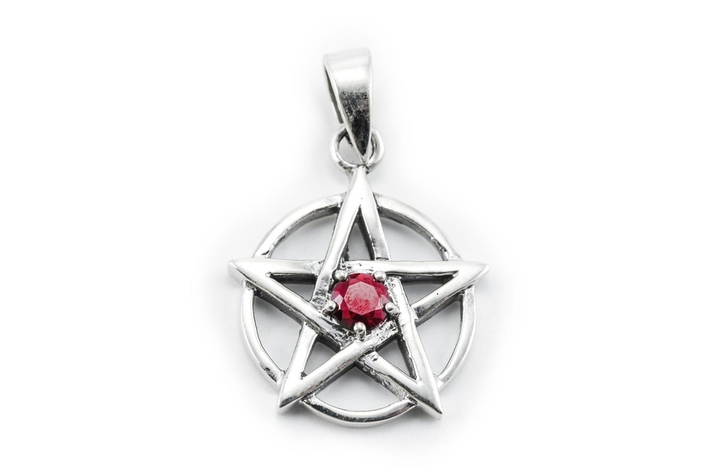 [am155] Amulett, Anhänger 'Pentagramm mit rotem Stein' aus Silber 925 - Mittelalter, Larp, Fantasy Schmuck
