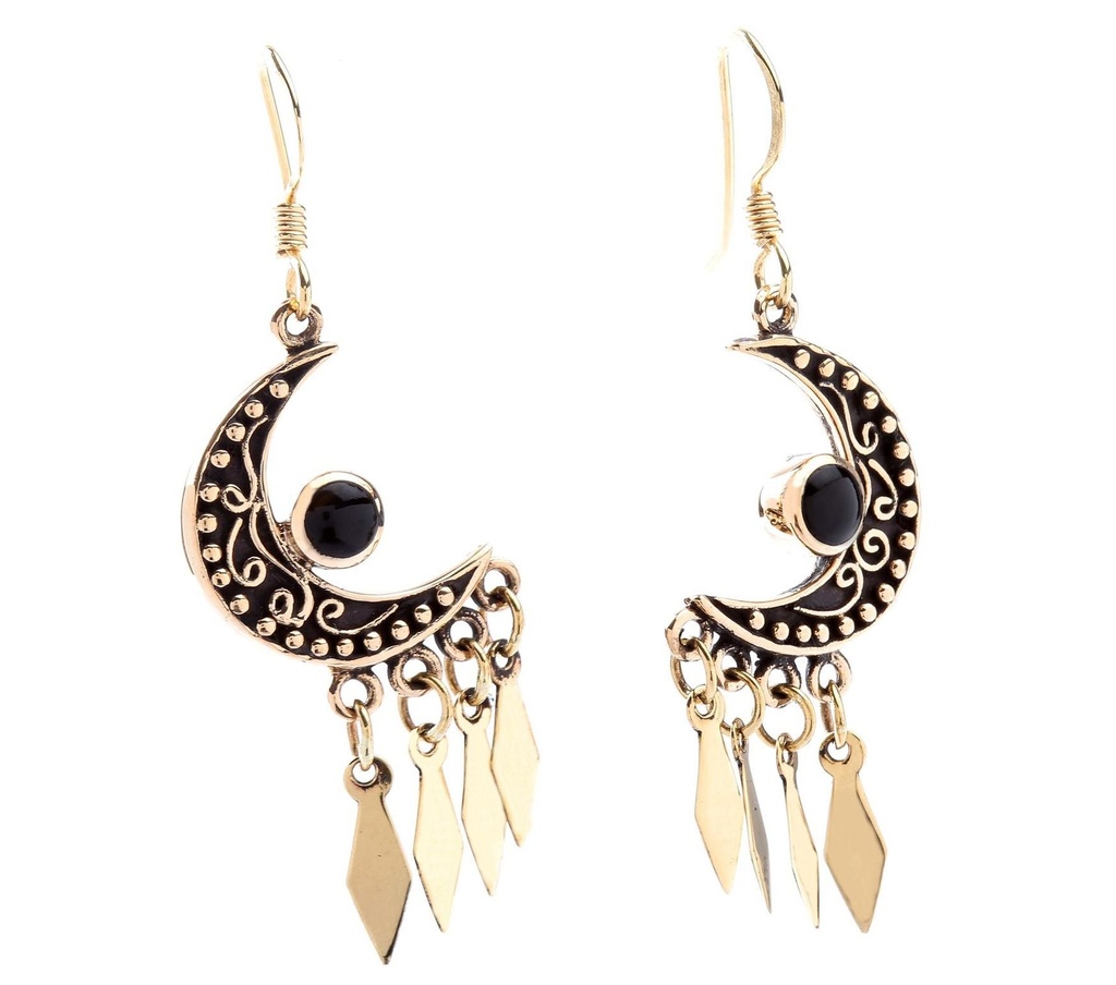 Ohrhänger „Ina – Mondsichel mit Onyx“ aus Bronze – Fantasy Schmuck 4,8 cm