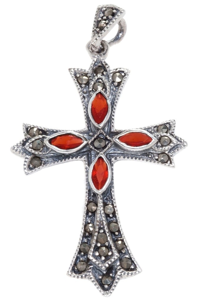 [ak9] Mittelalter Kreuz, Anhänger 'Iara - Roter Kristall' aus Silber 925 - Mittelalter, Larp, Reenactment Schmuck
