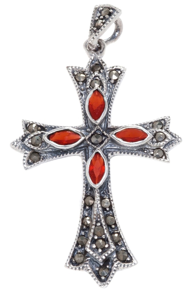 [ak9] Mittelalter Kreuz-Anhänger IARA aus 925er Silber – Gotisches Schmuckstück mit Kristall (4,4 cm)