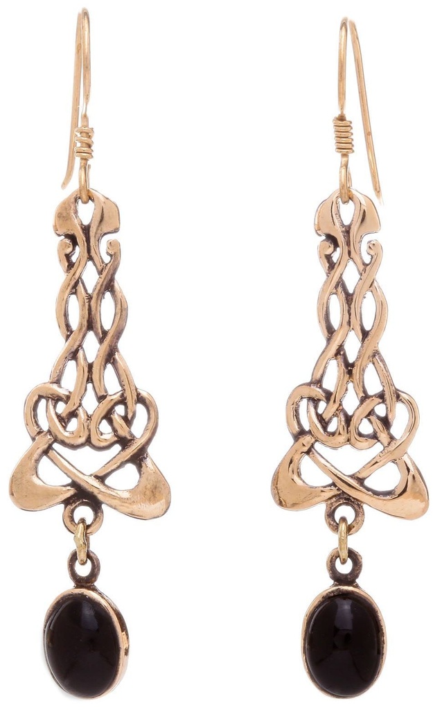 Keltische Ohrhänger SHEENA aus Bronze mit Onyx – Mittelalter Schmuck 6,1 cm