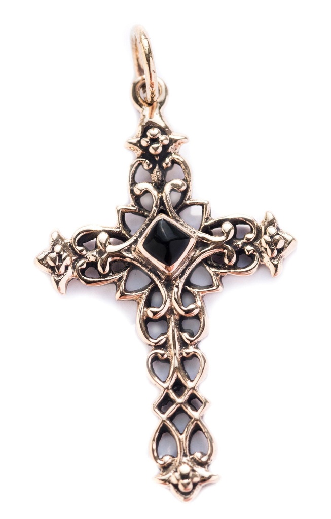 [akb502] Mittelalter Kreuz, Anhänger 'Mittelalterliches Kreuz mit Onyx' aus Bronze - Mittelalter, Larp, Reenactment Schmuck