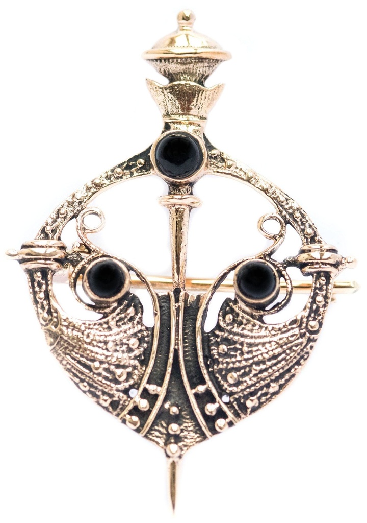 Wikinger-Brosche „Arnora – Schwert & Onyx“ aus Bronze – Gewandschmuck 5,1 cm mit Edelstein 