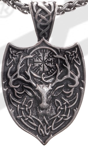 [33511] Anhänger Hirschwappen mit Vegvisir – Silberfarbener nordischer Talisman 50 mm