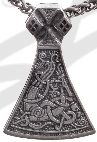 [P-5113-1] Mammen Axt Anhänger silberfarben – Beidseitiger Wikinger-Talisman im Mammen-Stil aus Zamak