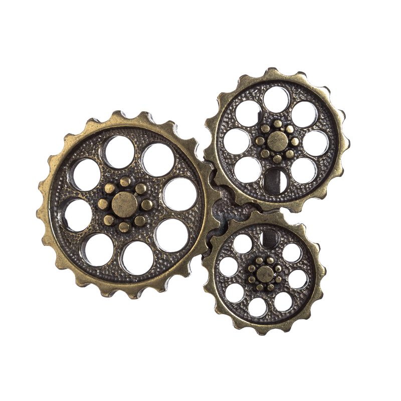 [B616-2] Steampunk Gürtelschließe „STP Moebius“ messingfarben – Zahnräder-Schnalle aus Zamak für 4 cm Gürtel
