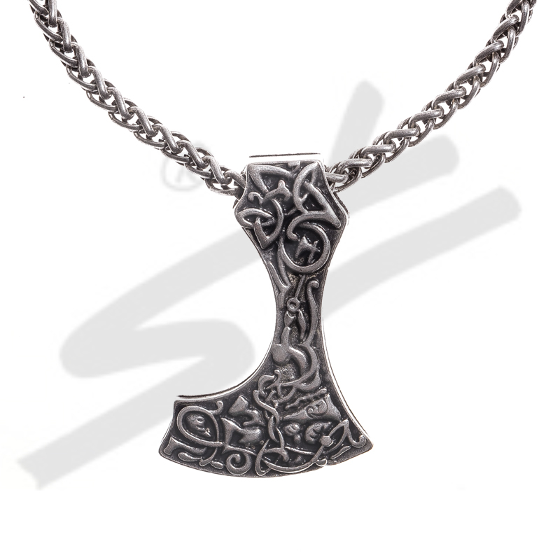 [PK-5112-1] Halskette „Mittelalter Bartaxt“ – Silberfarbener Anhänger mit beidseitigem Ornament 