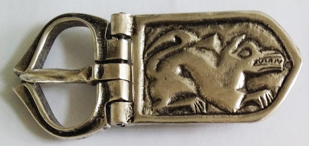 [B647-1] Silberfarbene Gelenkschließe „Sarkany“ – Mittelalter-Drachenschnalle aus Zamak für 3 cm Gürtel