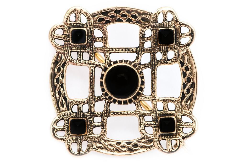 Wikinger Fibel Brosche "Ancient Cross Onyx" aus Bronze – Gewandschmuck mit Onyx 4,3 cm 