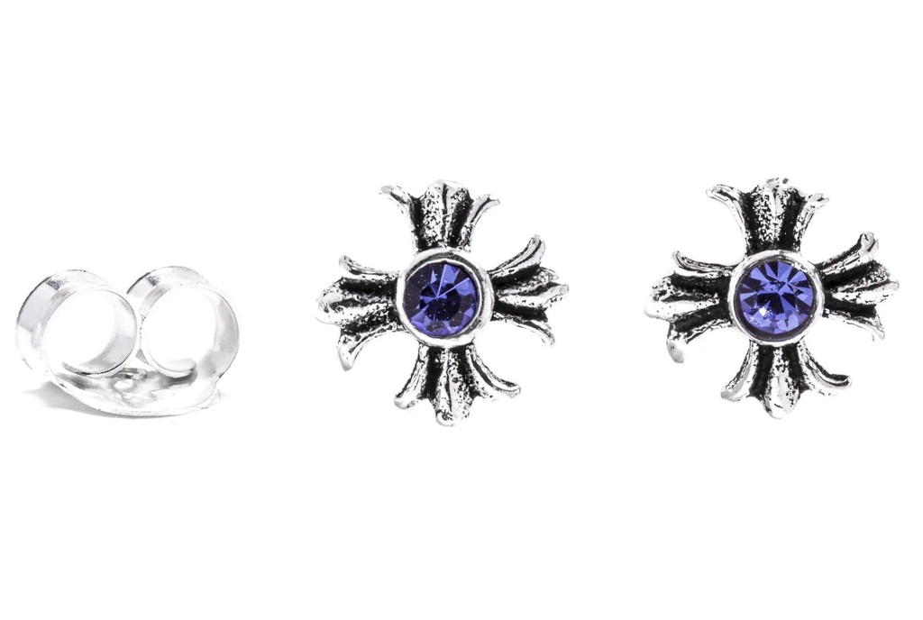 Ohrstecker „Acana – Mittelalterkreuz mit blauem Kristall“ aus 925er Silber – Kreuzstecker 6 mm
