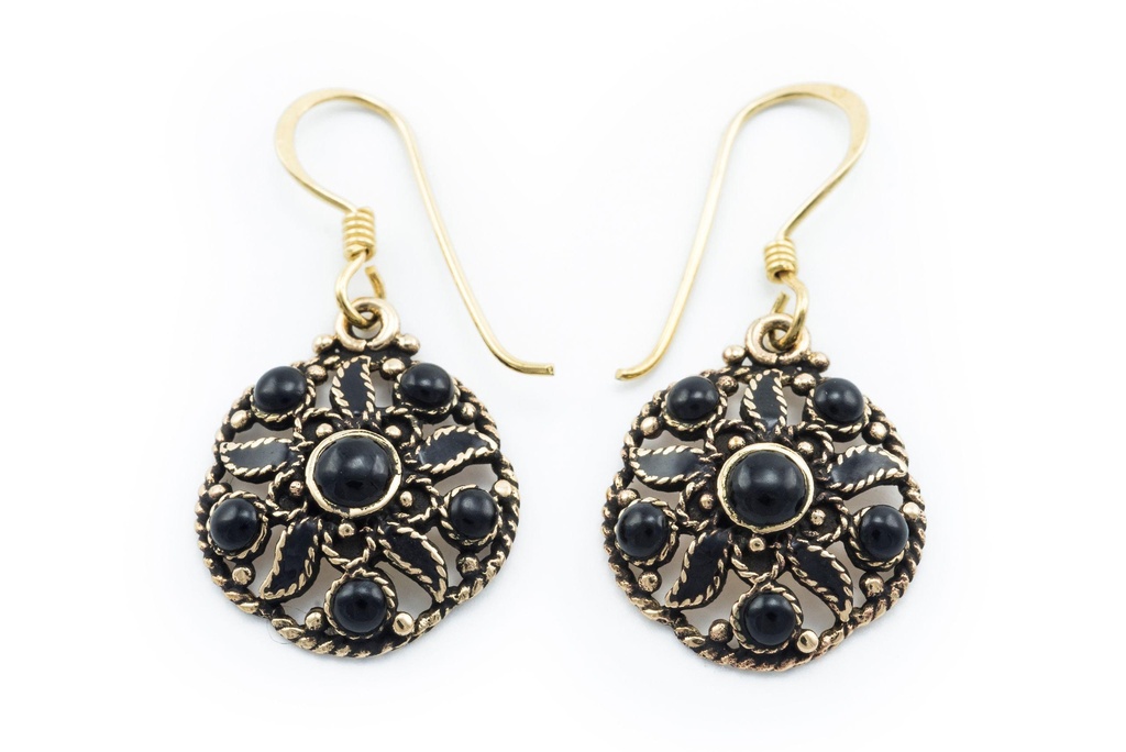 [ohb555] Ohrhänger THARA aus Bronze 3,3 cm – Fünfblatt Schmuck mit schwarzem Onyxstein