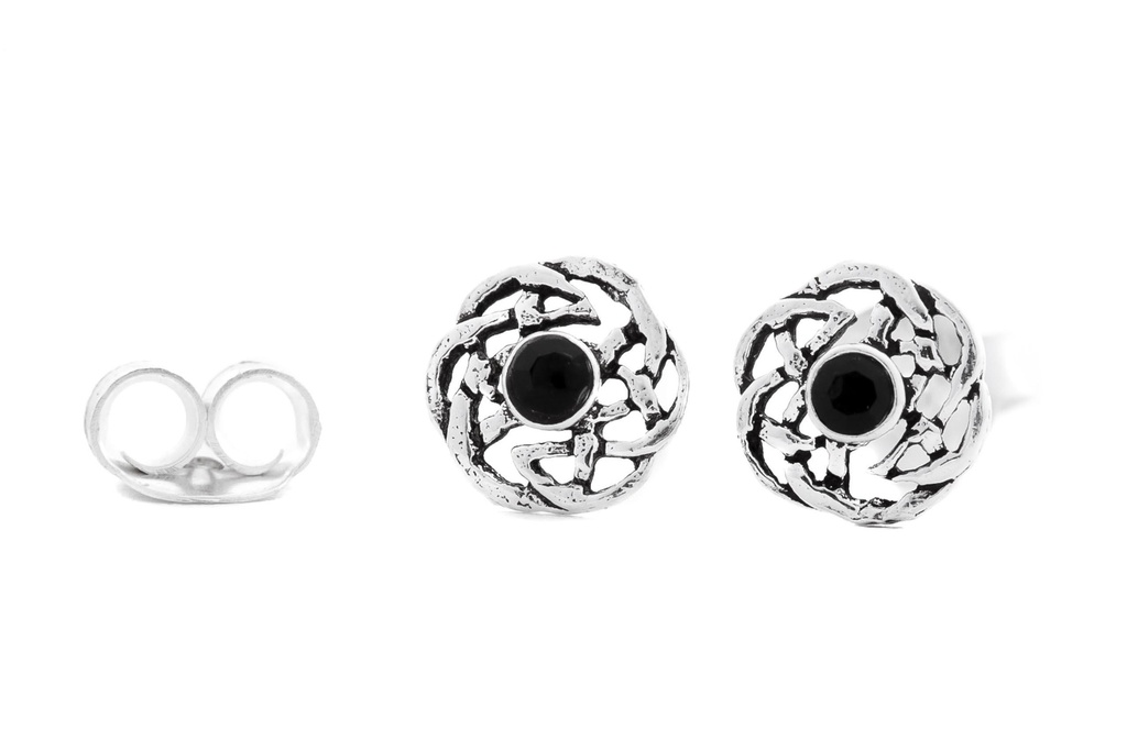 [ost118-4] Ohrstecker 'Edina Celtic Schwarzer Kristall' Sterling Silber 925 - Schmuck für Mittelalter, Reenactment und Larp