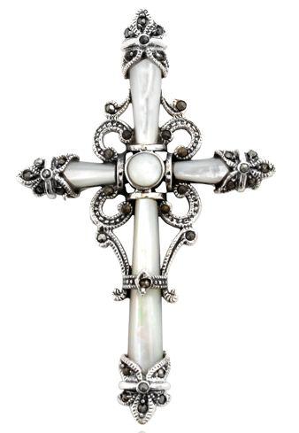 [ak36] Mittelalter Kreuz-Anhänger RIANA aus 925er Silber – Großes gotisches Kreuz mit Perlmutt (6,2 cm)