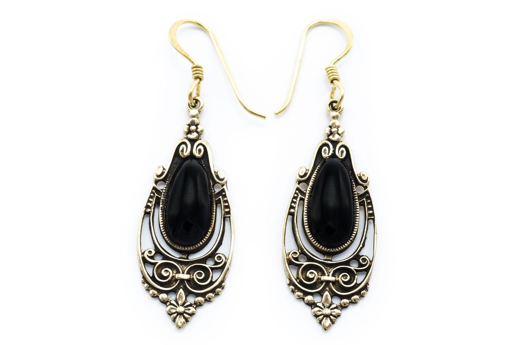 [ohb538] Ohrhänger TALINA aus Bronze 5 cm – Mittelalterlicher Onyx Schmuck für Frauen