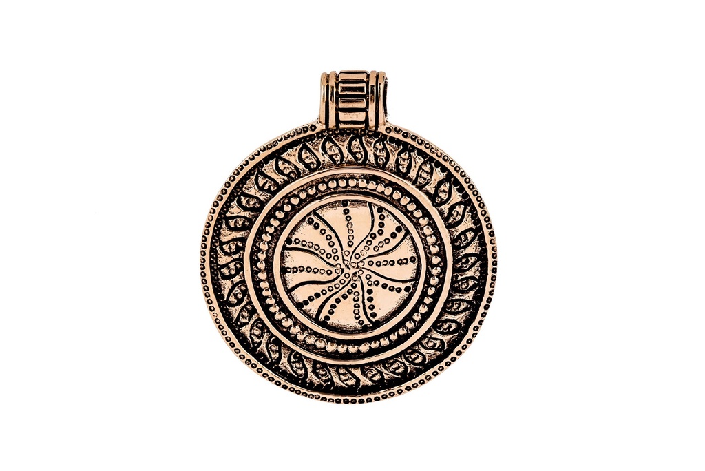 [avb538] Wikinger Anhänger „Østgaard – Sonnenrad“ aus Bronze – Nordisches Sonnenamulett 3,7 cm mit Runenmuster