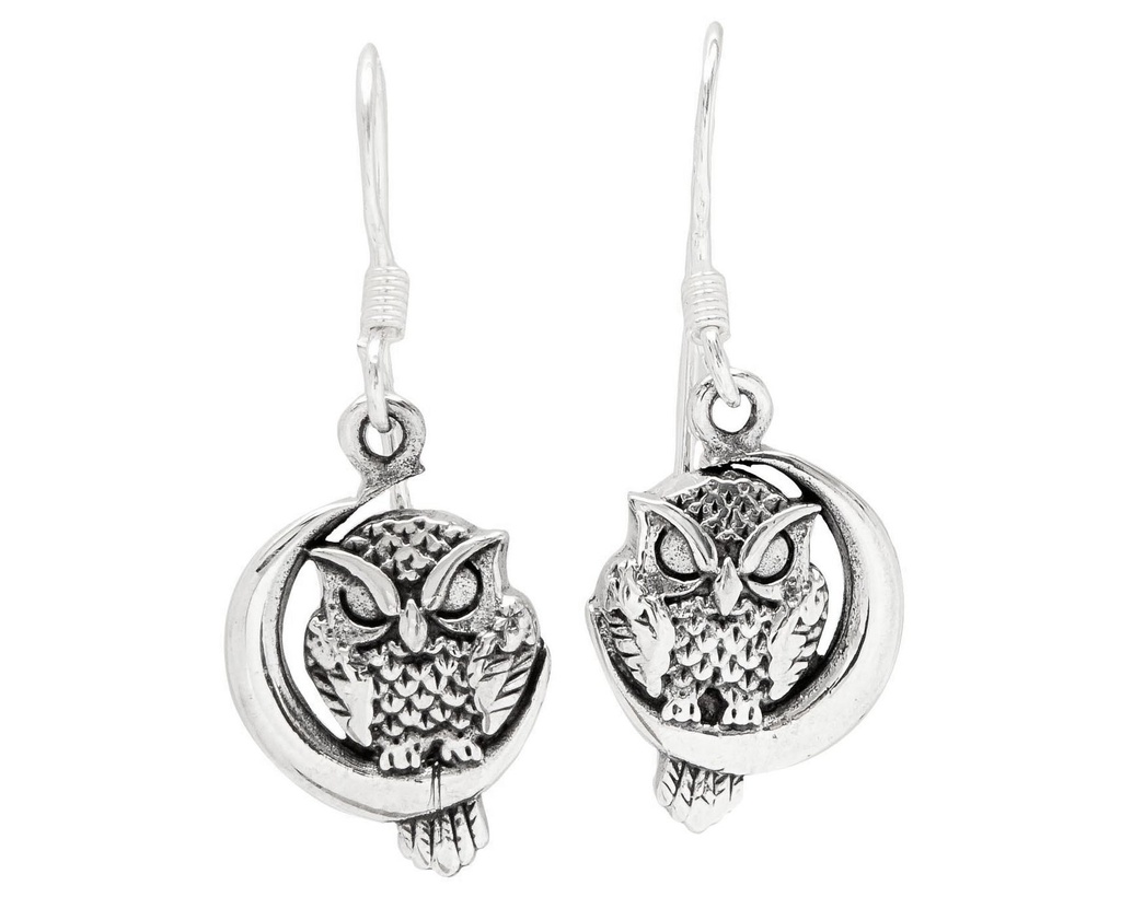 [oh152] Ohrhänger AMICA aus 925er Silber 3,4 cm – Eulen in Mondsichel Ohrschmuck