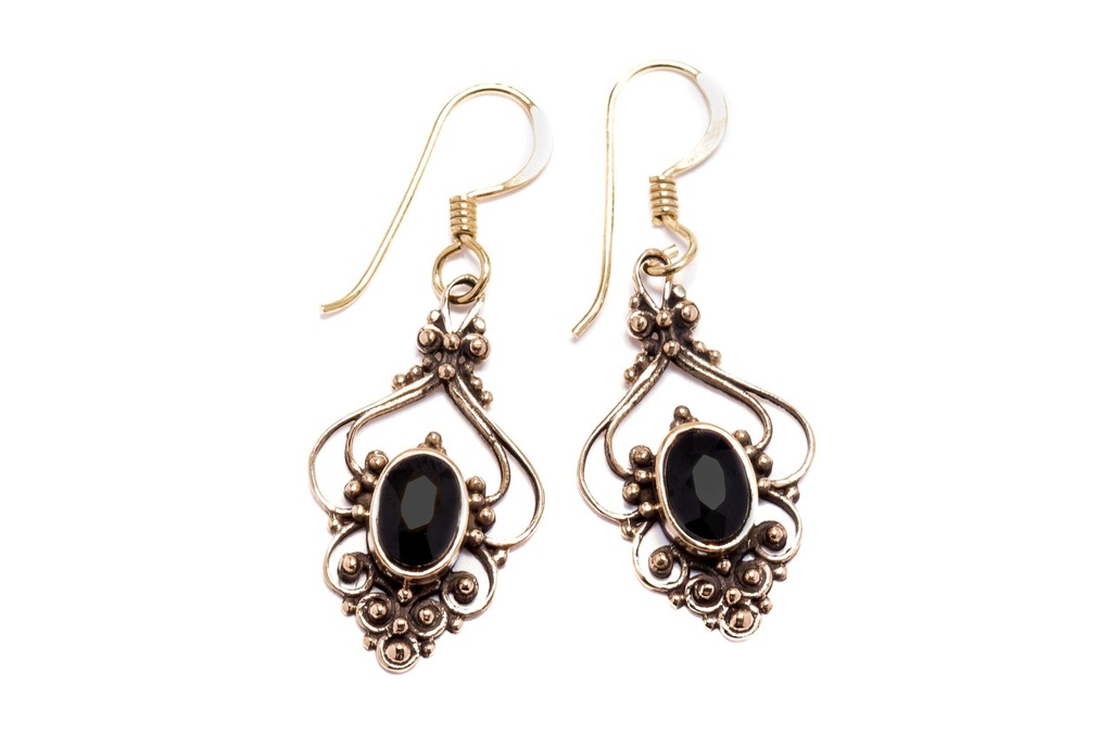 [Ohb520-2] Schmuck Ohrhänger Salia Schwarzer Kristall 3,8 cm – Bronze – Boho-Ohrringe mit funkelndem Edelstein