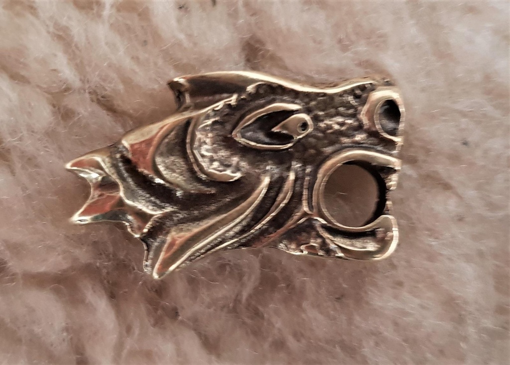 [N-313R-2] Drachenkopf-Beschlag in Messingoptik – Rechtsschauender Wikinger-Zierbeschlag 29 x 18 mm