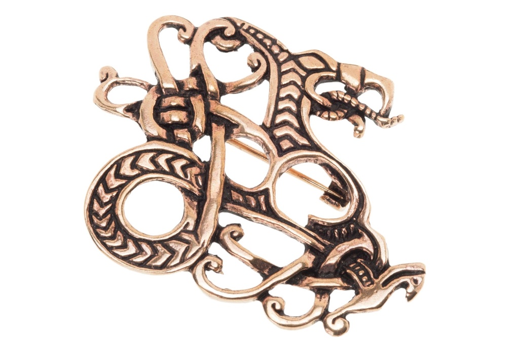 [fb96] Wikinger Fibel Brosche "Midga" aus Bronze – Midgardschlange als Gewandschließe 5 cm 