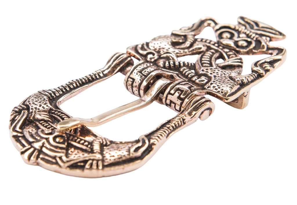 [fb11] Wikinger Gürtelschnalle „Viking“ aus Bronze – Mittelalter Gürtelbeschlag 10 cm mit Tierornamentik
