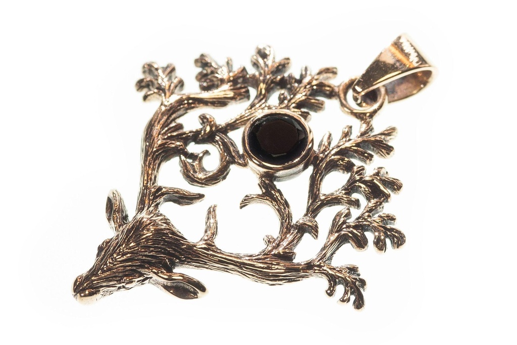 [amb556] Amulett, Anhänger 'Radjur - Hirsch mit schwarzem Kristall' aus Bronze - Mittelalter, Larp, Fantasy Schmuck
