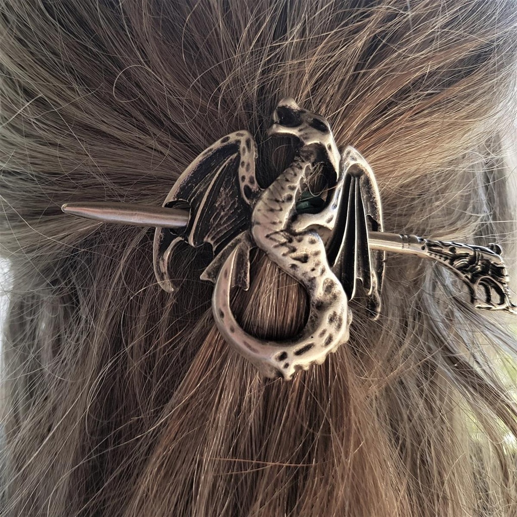 Haarspange Wyvern Nordischer Drache – Silberfarbener Haarschmuck mit Drachenkopf-Nadel 55 mm