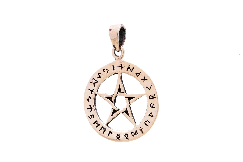 [amb72] Amulett, Anhänger 'Futhark Runen Pentagramm' aus Bronze - Mittelalter, Larp, Fantasy Schmuck