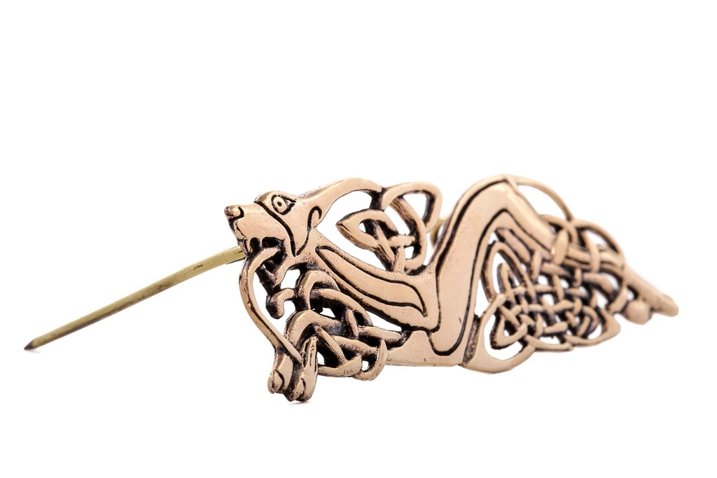 [fb60] Keltische Fibel Brosche "Seelenfreund" aus Bronze – Große Gewandnadel mit Hundemotiv 7,4 cm