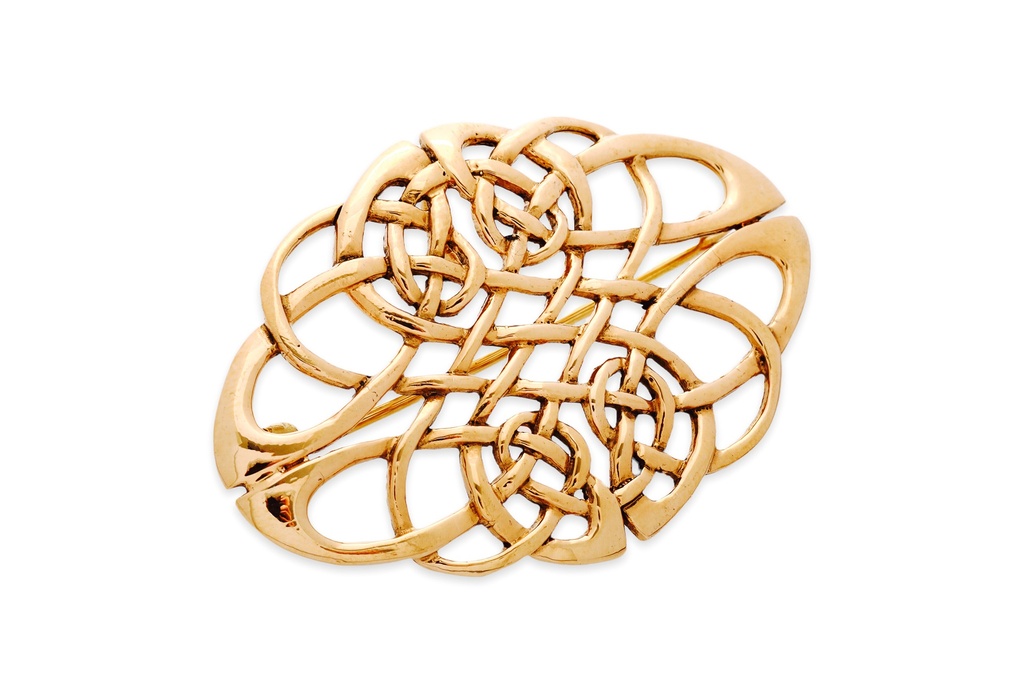 [fb36] Keltische Fibel Brosche "Aidan" aus Bronze – Großes Knotenmuster 6,9 cm