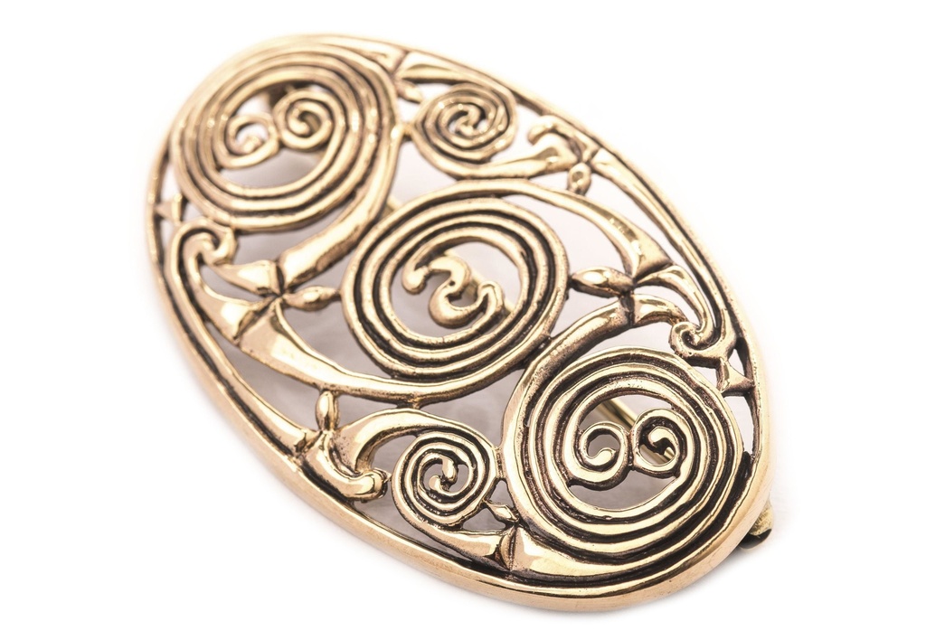 [fb67] Keltische Fibel Brosche "Tuatha" aus Bronze – Gewandnadel mit Spiralmuster 5,1 cm