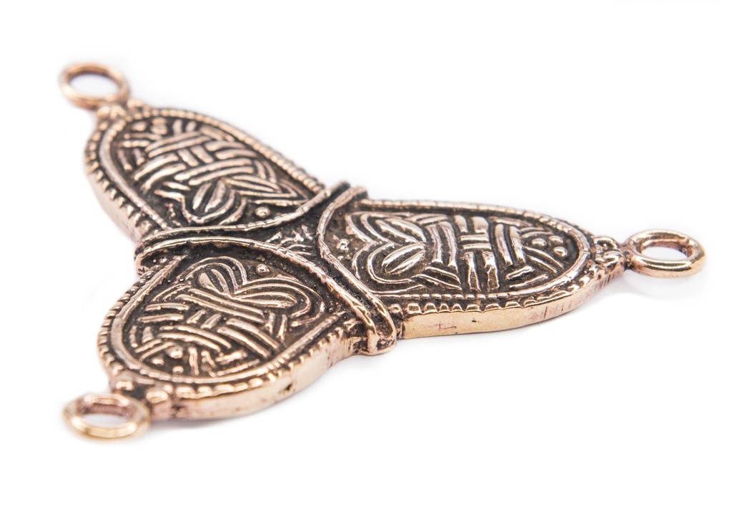 [fb49-2] Wikinger Kleeblatt-Gewandschmuck aus Bronze – Großbrosche 6,3 × 7 cm mit Dreipassornament