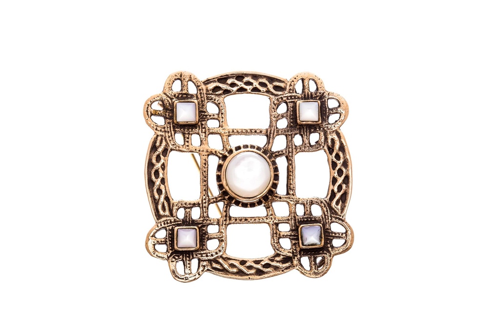 [Fb16-2] Schmuck Fibel Thura – Mittelalter Brosche mit Perlmutt 4,3 cm – Bronze – Historische Gewandfibel 