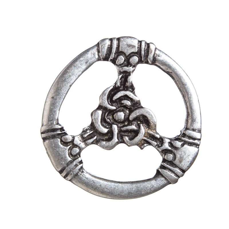 [N-241-1] Silberfarbener Beschlag „TRIS“ – Keltischer Gürtel-Teiler mit dreigliedrigem Knotenmuster