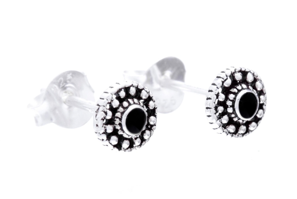 Ohrstecker Skaru Sonnenrad mit Onyx aus Silber 925 – Wikinger Ohrschmuck 5 mm