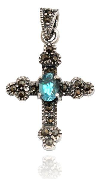 Schmuckstück  Schmuck Anhänger LÀRA 3.2 cm Kleines Kreuz Aquamarin Kristall Silber 3.2 cm