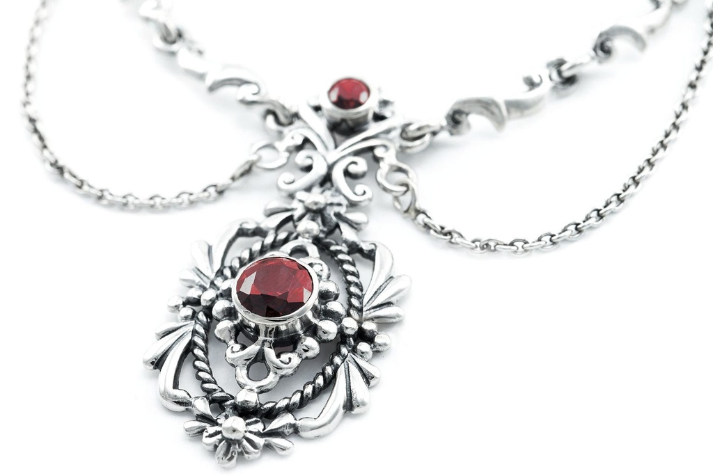 Mittelalter Collier „Aris“ aus 925er Silber mit Granatsteinen – Gothic-Schmuck 45 cm
