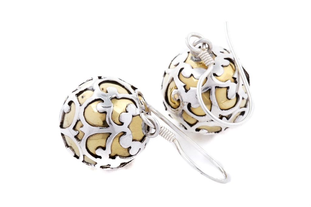 [oh42] Ohrhänger 'Klangkugel mit Silberverzierung' Messing Schmuck für Mittelalter, Reenactment und Larp