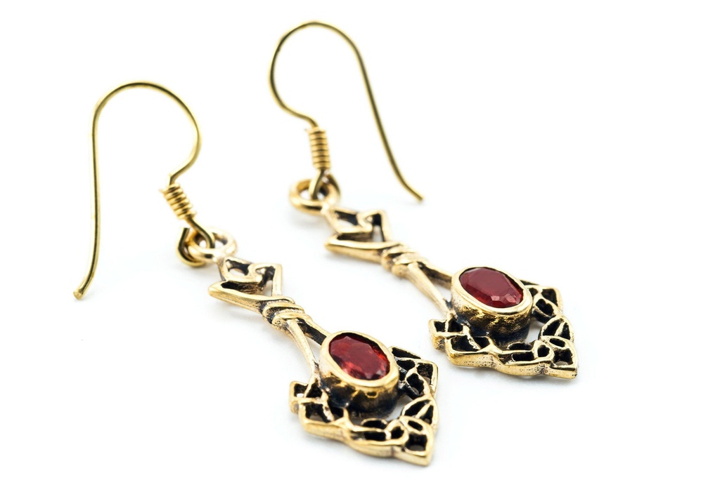 [ohb1] Ohrhänger Danu mit rotem Kristall aus Bronze – Keltischer Ohrschmuck 3 cm