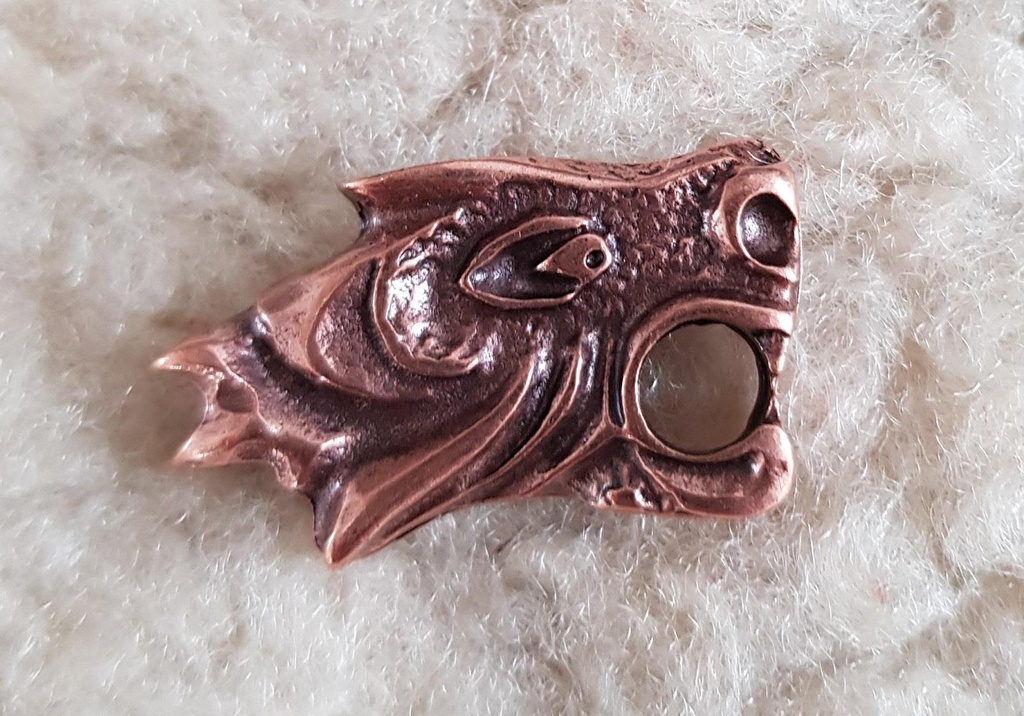 [N-313R-4] Drachenkopf-Beschlag in Kupferoptik – Rechtsschauender Wikinger-Zierbeschlag 29 x 18 mm 
