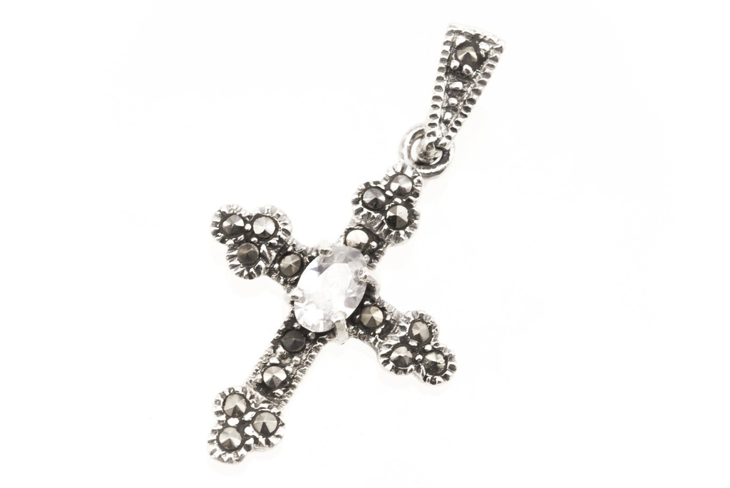 Mittelalter Kreuz-Anhänger LÁRA mit weißem Kristall aus 925er Silber – Symbol für Schutz und Reinheit (3,2 cm) 