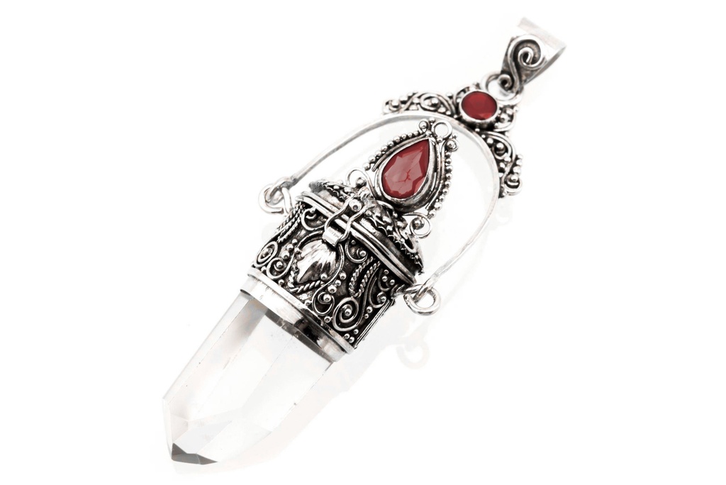 [As41-2] Amulett, Anhänger 'Sonola - Bergkristall mit Granat' aus Silber 925 - Mittelalter, Larp, Reenactment Schmuck