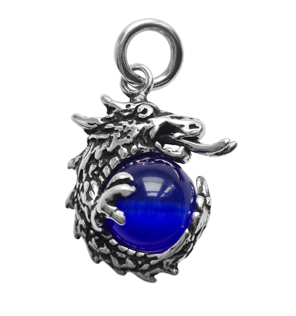 [ad2] Drachen Amulett, Anhänger 'Drache Mundi mit blauer Kugel' aus Silber 925 - Mittelalter, Larp, Reenactment Schmuck