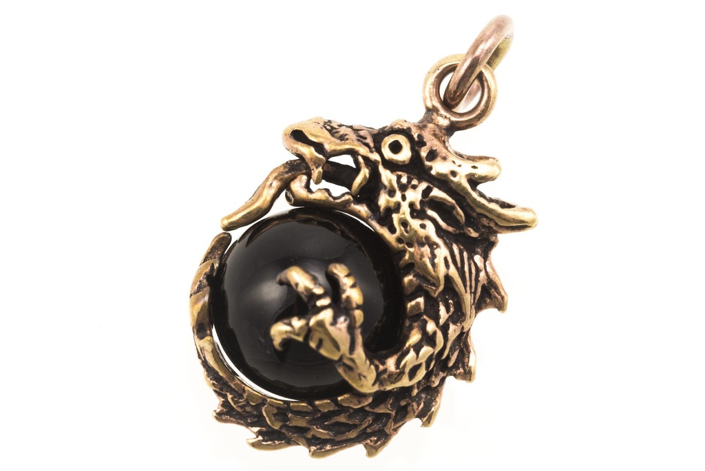Schmuckstück  Schutz Amulett DYLAN 2.8 cm Kleiner Glücks Drache mit schwarzer Kugel Bronze 2.8 cm