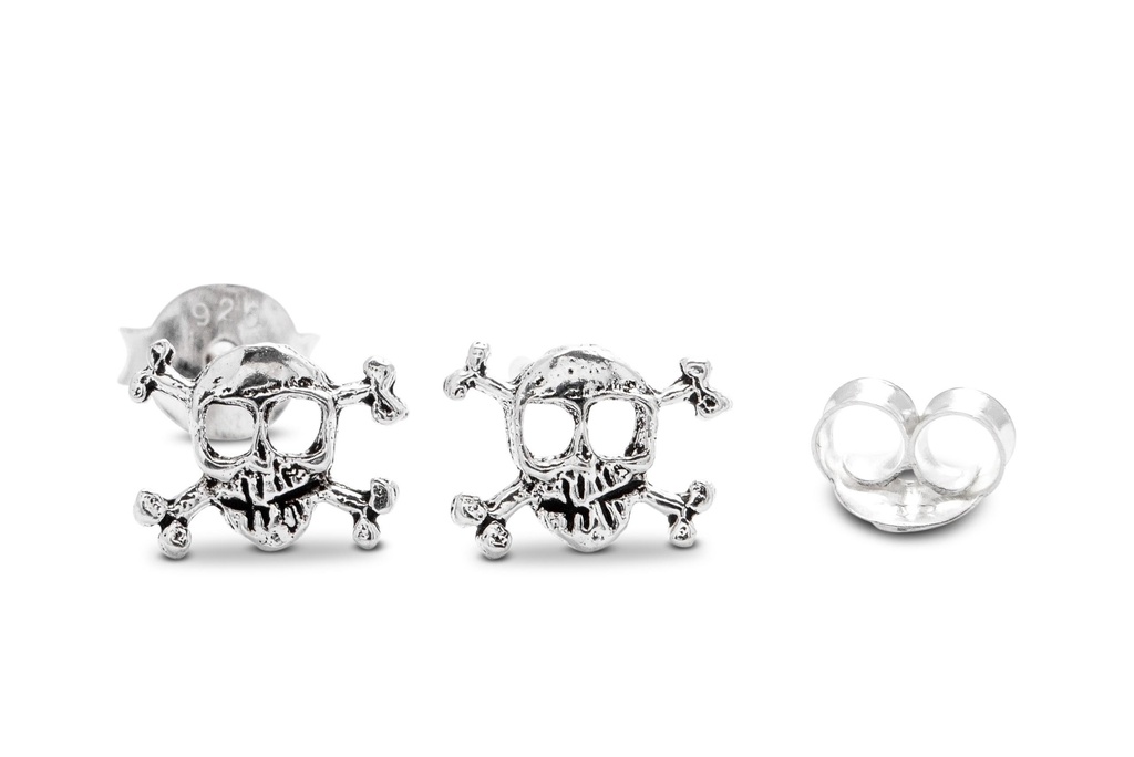 [ost90-4] Ohrstecker Skulls aus Silber – Totenkopf & Knochen Ohrringe 925er Piratenmotiv 8 mm