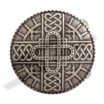 [N-034-1] Großer Beschlag „Merowinger Brustplatte“ silberfarben – Zierniete Ø 65 mm mit Knotenmuster für Taschen & Gewand