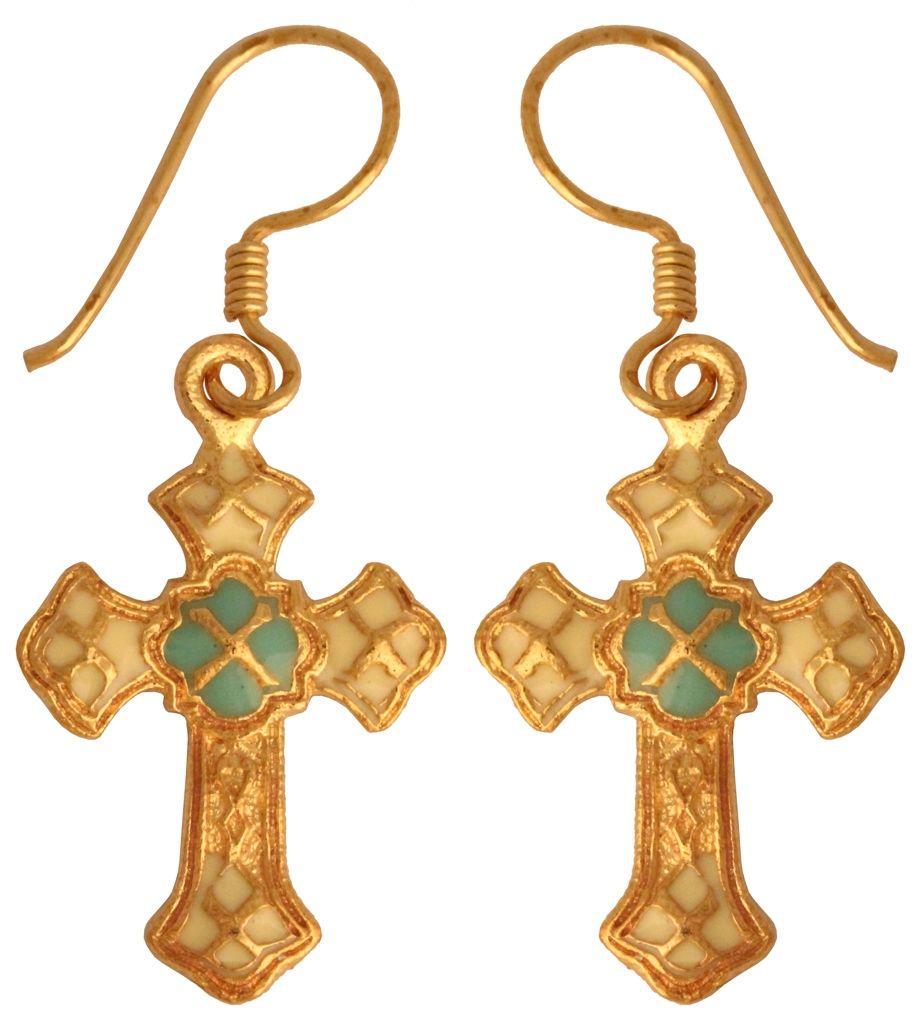 [ohb582-3] Mittelalter Ohrhänger „Iduna – Kreuz Türkis“ aus Bronze – Gothic-Schmuck 3,9 cm