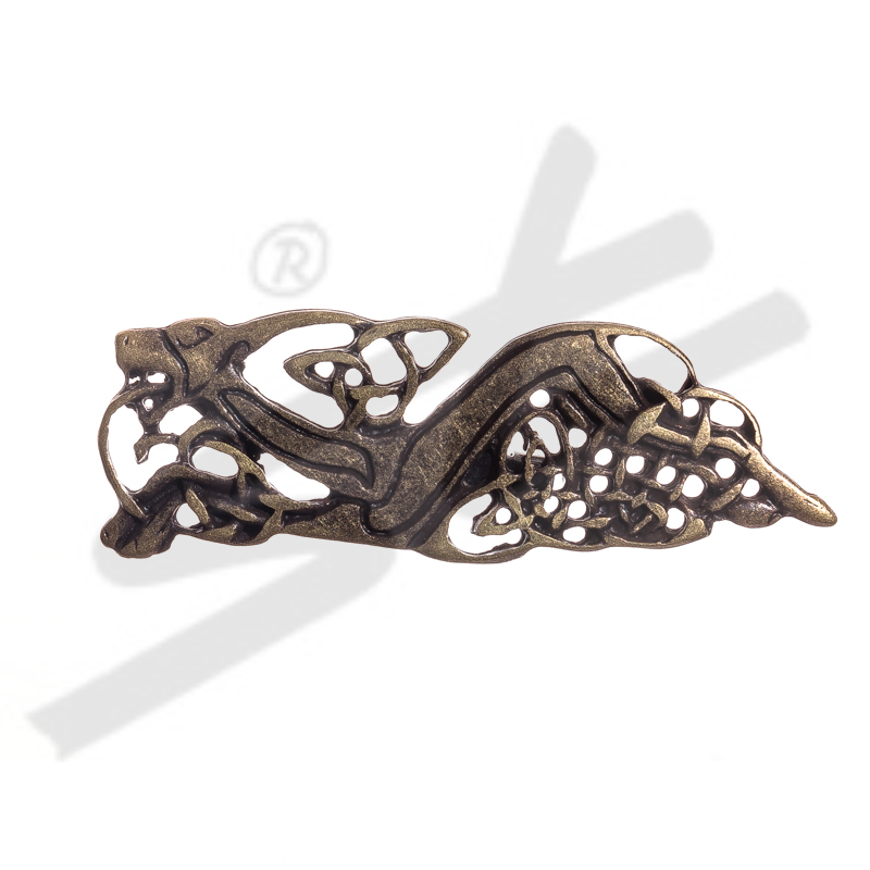 [A-5257-21] Wikinger-Brosche „Keltischer Hund“ messingfarben – ZAMAK-Fibel für LARP & Mittelaltergewandung