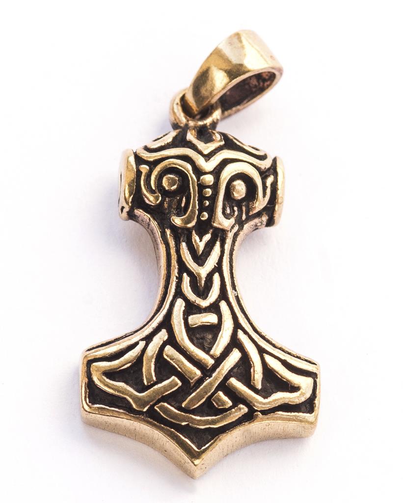 Thorshammer Anhänger SKARU aus Bronze – Kleiner Mjölnir mit Knotenornament 3,4 cm