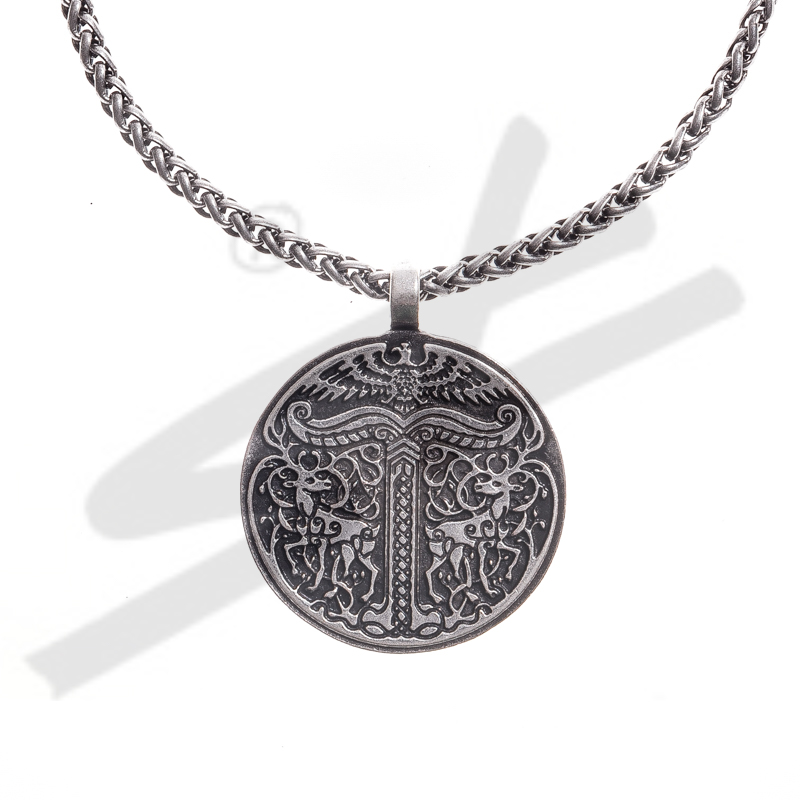 Halskette „Irminsul mit Hirschen & Adler“ – Silberfarbener Weltenbaum-Anhänger